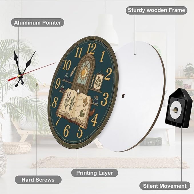 Botanical Alchemist Wooden Wall Clock Silent Non Ticking | Frameless Battery Operated Home Office Bedroom Kitchen Decor Gift 10/12 Inch