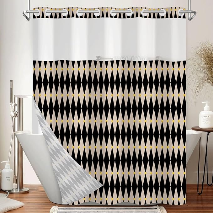 No Hook Shower Curtain with Snap in Liner, Black and Beige Diamond Geometric Double Layer Waterproof Bath Curtain for Modern Mid Century Bathroom Decor, See Through Top, 71x74 Inch