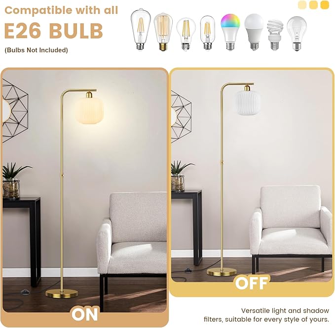 Floor Lamp for Living Room, Mid Century Modern Stadning Lamp with Cream White Glass Shade, Dimming and Pedal Switch, 67" Gold Tall Lamps for Bedroom Office Study Room
