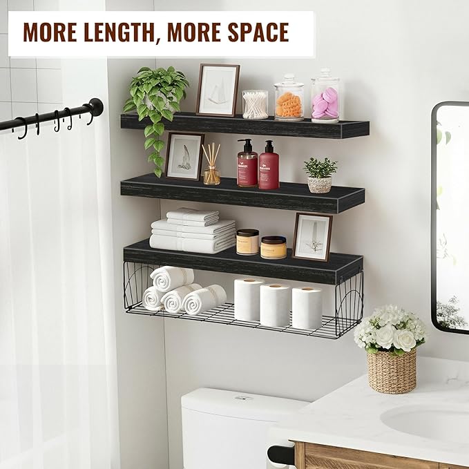 3 Pack Bathroom Shelves 24 inches Long Over Toilet, Wall Mounted Rustic Wood Floating Shelves for Bathroom, Toilet Paper Storage, Small Farmhouse Decor Hanging Shelf for Living Room, Kitchen, Black
