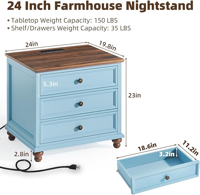 Farmhouse Nightstand with Charging Station, 24" Wide End Table with 3 Drawers,Light Blue Wood Dresser for Bedroom, Bed Side Table Chest of Drawers Cabinet,Night Stand for Living Room, Closet