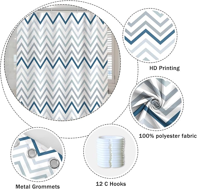 Grey and Blue Pattern Bathroom Shower Curtain Abstract Wave Geometry Line Bath Curtain with Hooks Waterproof Polyester Fabric Shower Curtains for Modern Artistic Bath Decorative, 72x78 Inch