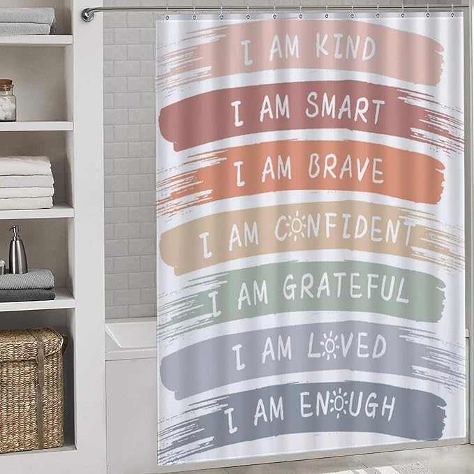 Boho Rainbow Shower Curtain, Cute Inspirational Motivational Quotes Cartoon Rainbow Colorful Pastel for Kids Girls Baby Waterproof Fabric Bathroom Shower Curtain Set with Hooks,72"x78" Inch