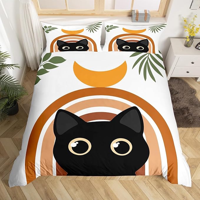 Erosebridal Cartoon Cat Bedding Set King Abstract Geometric Duvet Cover Boho Mid Century Comforter Cover for Kids Girls Boys Adults Modern Minimalism Animals Bed Set