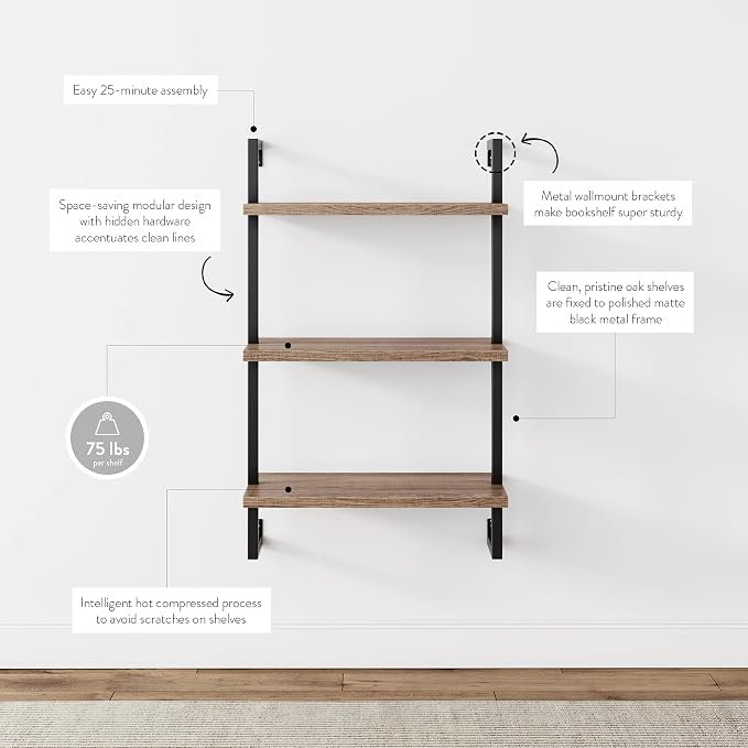 Nathan James Theo Industrial Pipe 3-Shelf & 5-Shelf Ladder Bookshelves, Rustic Oak/Matte Black and Brown Walnut/Black