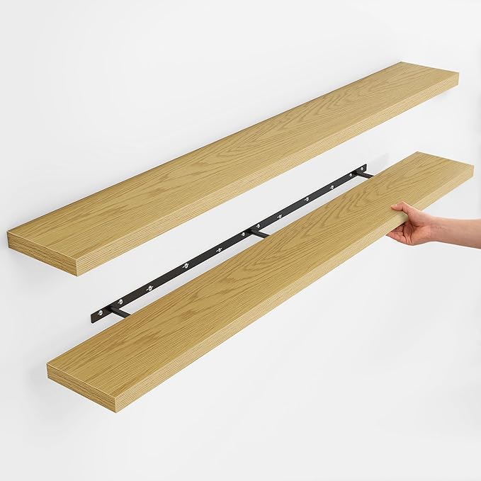 Fun Memories Rustic Wood Floating Shelves for Wall, Space-Saving Wall Mounted Shelves for Bathroom, Bedroom, Living Room and Kitchen, Stylish Storage & Display (Set of 2, Oak, 66 in)