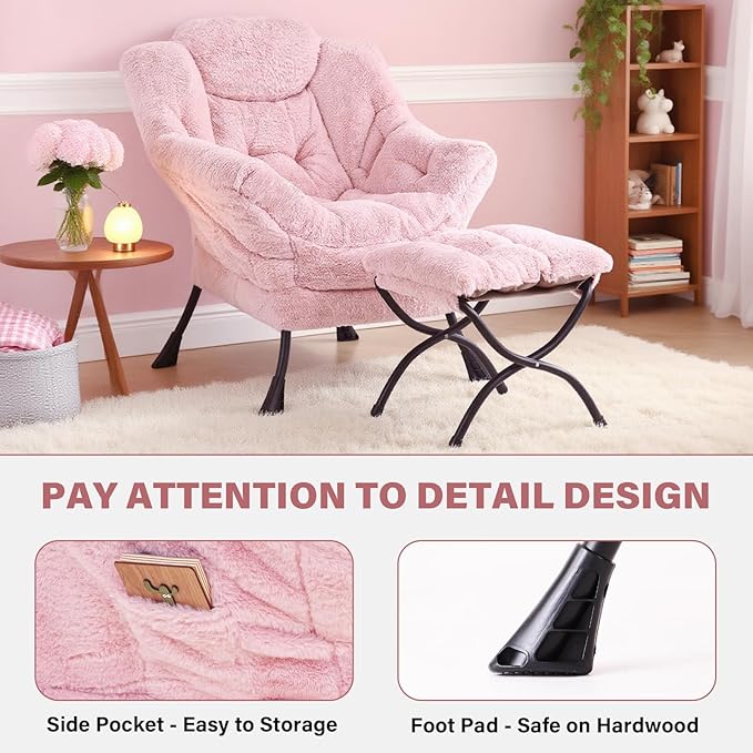 Tiita Lazy Chair with Ottoman, Pink Modern Large Accent Chair, Comfy Leisure Sofa Armchair with Ottoman, Reading Chair with Footrest for Bedroom, Living Room, Dorm Rooms, Plush Pink