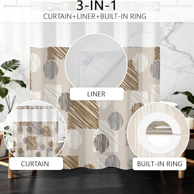 No Hook Shower Curtain with Snap in Liner - Neutral Brown Gray Waterproof Fabric Shower Curtains, Modern Abstract Bathroom Decor with See Through Mesh Top Window, 71x74 Inch
