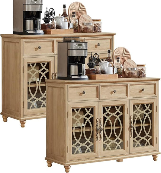 Farmhouse Sideboard Buffet Cabinet Set of 2 with Storage,48" Large Credenza with 3 Glass Doors & 3 Drawers,Adjustable Shelves Console Table,Wood Kitchen Coffee Bar for Dining Room,Natural