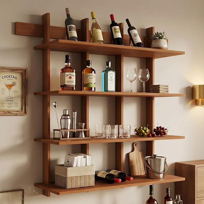 4-Tier Wall Mounted Bamboo Bookshelf, 43×52 Inch Large Floating Shelves with 600lbs Capacity, Rustic Farmhouse Heavy Duty Hanging Wall Shelf for Living Room, Coffee Bar, Book Storage, Kitchen, Brown