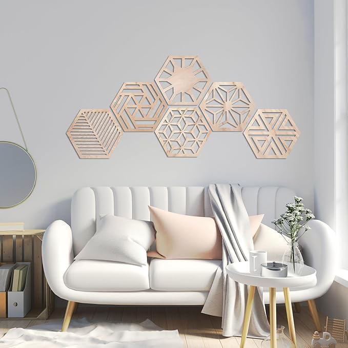 Ripeng 6 Pcs Honey Comb Decorations 11.8 Inch Hexagon Wall Decor Farmhouse Wood Earthy Hexagon Wall Panels Modern Hollow Carved Design Rustic Abstract Decor for Living Room Kitchen(6 Style)