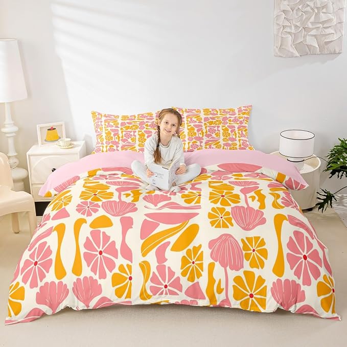 Erosebridal Boho Abstract Colorful Floral Duvet Cover Full Vintage Retro Patchwork Orange Pink Bedding Set Flower Botanical Geometric Comforter Cover for Kids Adults,Aesthetic Groovy Bed Set