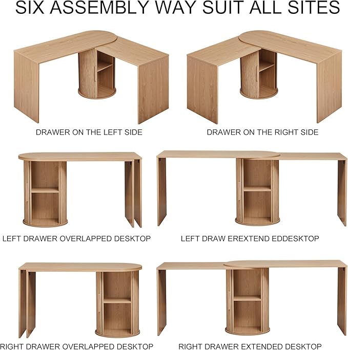 Fluted Computer PC Desk Table with Storage, Boho Corner L Shaped Desk with Storage for Small Space, Modern Home Office Desk for Bedroom, for Writing, Executive, Study, Work - Natural