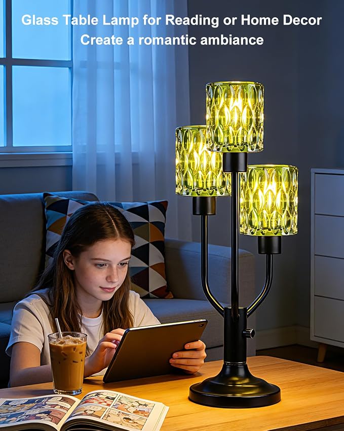 Lightdot Mid Century Modern Table Lamp for Living Room Dimmable Nightstand Lamp Black Vintage Desk Lamp Green Glass 3 Bulbs Included Warmwhite Ambient Bedside Lamp for Bedroom Home Office Decor Gift