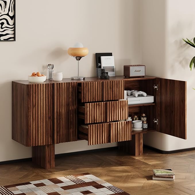 Rophefx 63" Buffet Cabinets with Storage, Wood Side Cabinet with 3 Drawers & 2 Doors, Mid-Century Modern Buffet Table with Anti-Tip Device & Foot Pads for Kitchen, Living Room, Dining Room（Walnut ）