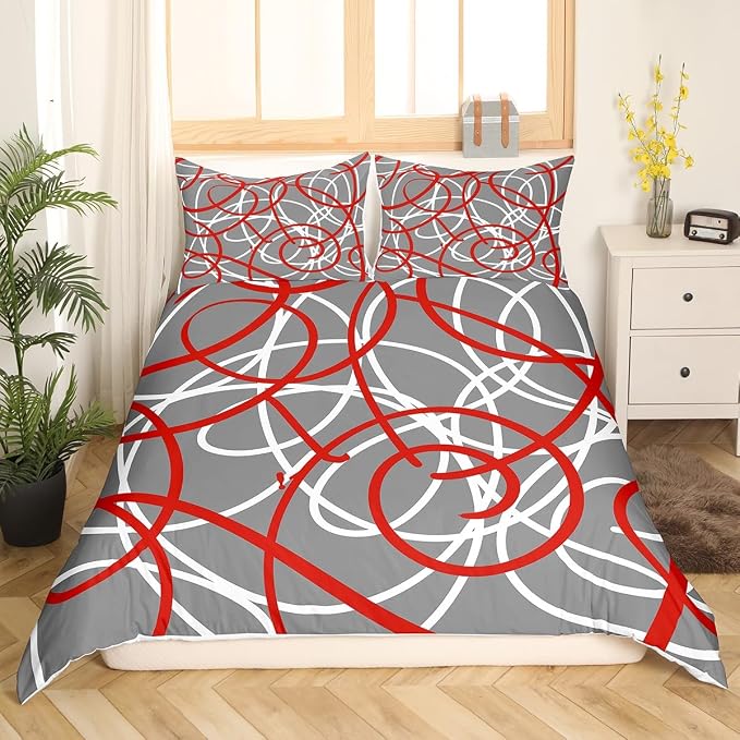 Feelyou Geometric Comforter Cover Stripe Line Bedding Set Red Grey White Duvet Cover for Kids Boys Girls Modern Retro Swirl Microfiber Bedspread Cover Luxury King Size (No Comforter)