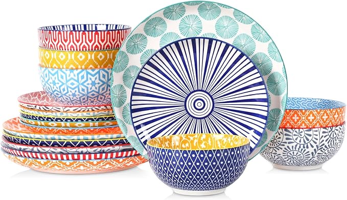 Selamica Ceramic Plates and Bowls Sets,18 Pieces Dinnerware Sets for 6,Dishwasher & Microwave Safe dish set,Family & Holiday Dining, Assorted Colors