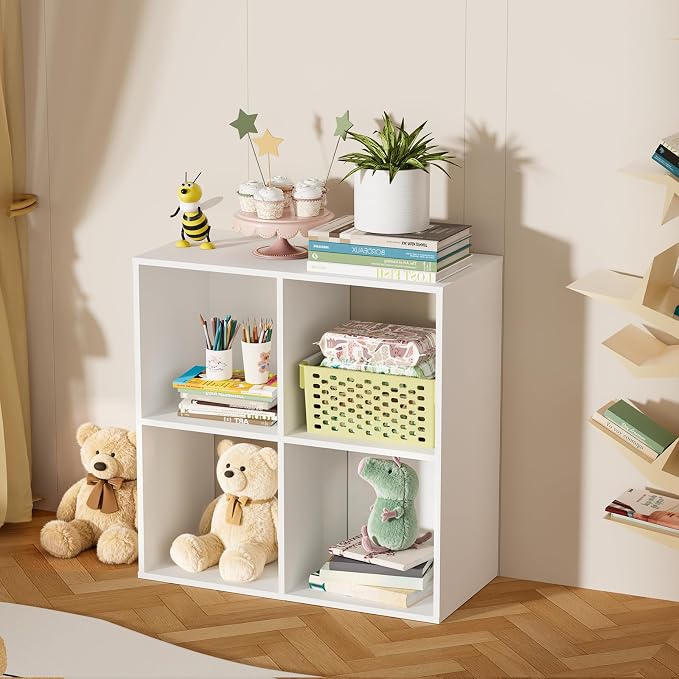 4 Cube Storage Organizer, Book Shelf Storage Shelves Bookcase with Open Back, Display Standing Shelf Freestanding Book Case for Bedroom, Living Room and Home Office (White, 4-Cube)