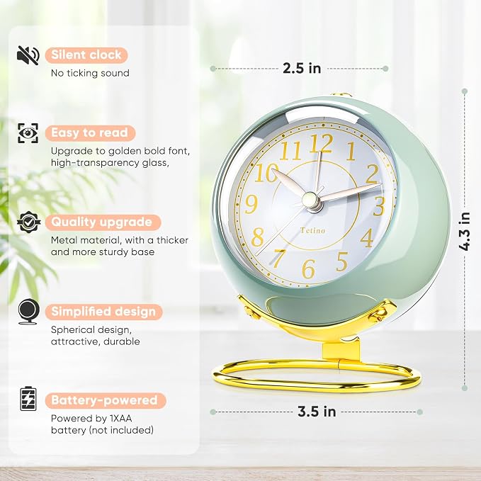Analog Alarm Clocks,Retro Backlight Cute Simple design Small desk Clock With Night Light,Silent Non-Ticking,Battery Powered,For Kids,teens,Bedroom,travel,kitchen,Bedside Desk decor. (Nostalgic Green)