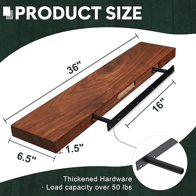 Walnut Wood Floating Shelves for Wall Mount, Thicker and Wider Sturdy Wood Shelf for Bedroom, Bathroom Kitchen and Living Room Decor,36 x 6 x 1.5 inche, Set of 2 (Walnut, 36")