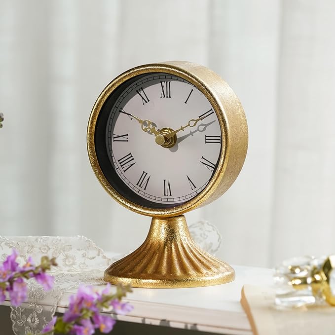NIKKY HOME Vintage Table Clocks, Small Desk Clocks Decorative Gold Desk Shelf Clock Silent Non-Ticking Battery Operated Clock for Bedroom Living Room Decor