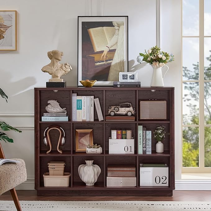 Joaxswe 12 Cube Storage Organizer, 41" Large Bookshelf with Curved Edge, Wood Floor Standing 3-Tier Cubby Bookcase w/Base, Vintage Display Storage Cabinet, Book Case for Living Room, Office, Walnut