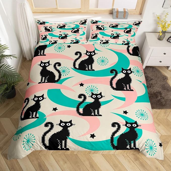 Erosebridal Mid Century Cat Bedding Set Queen Cute Cartoon Cat Duvet Cover Boho Abstract Geometric Comforter Cover for Kids Girls Boys Adults Retro Groovy Animal Bed Set