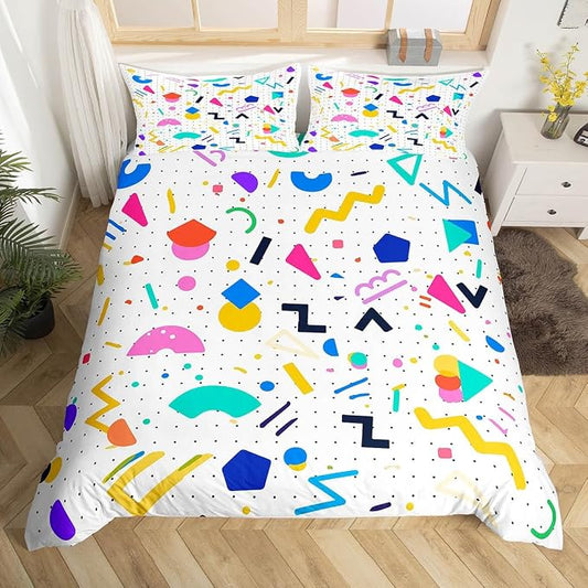 80s 90s Bedding Set Memphis Pattern Old Fashioned Comforter Cover King,Geometric Abstract Colorful Dots Funky Duvet Cover Retro Bed Set,Multicolor Cute Vintage Rainbow 80'S Style 1980S Home Decor