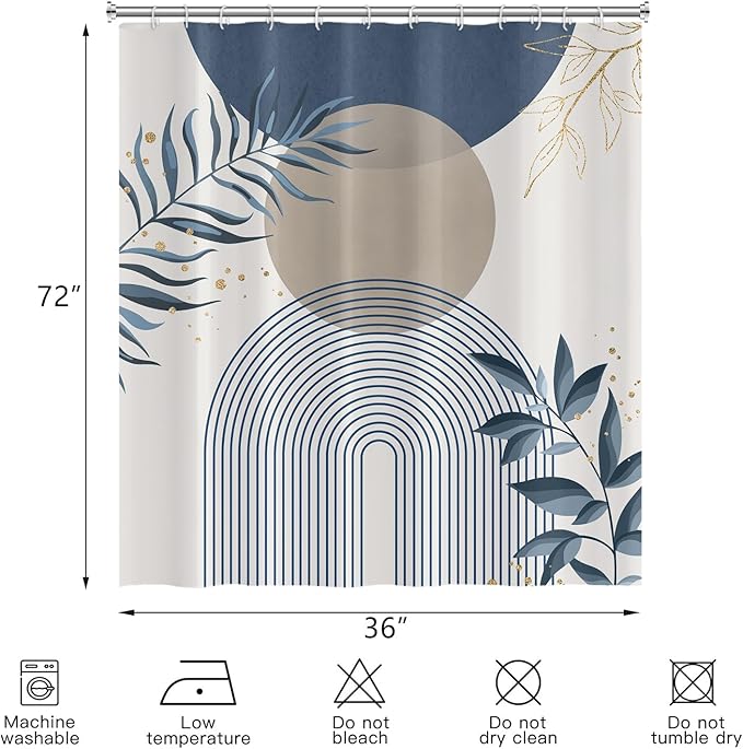 Boho Mid Century Shower Curtain, Navy Blue Modern Minimalist Abstract Geometric Gold Plant Leaves Sun Arch Bathroom Curtains Waterproof Fabric Buthtub Curtain Set with Hooks 36" Wx72 L