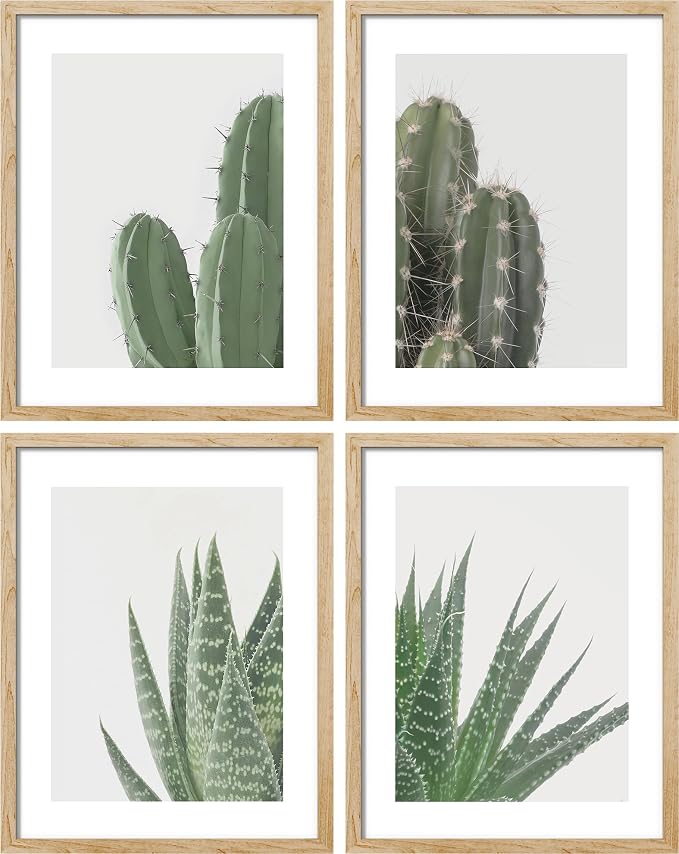 SIGNWIN Framed Green Cactus Snake Plant Wall Art, Set of 4 Collage Desert Landscape Wall Decor Prints, Nature Wilderness Wall Décor for Living Room, Bedroom - 8"x10" Natural