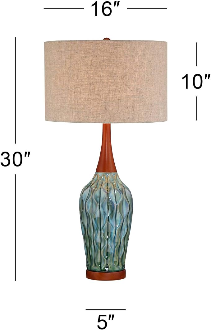360 Lighting Rocco Mid Century Modern Table Lamp 30" Tall Ceramic Blue Teal Glaze Wood Handmade Linen Drum Shade Cottage Core Decor for Living Room Bedroom House Bedside Home (Colors May Vary)