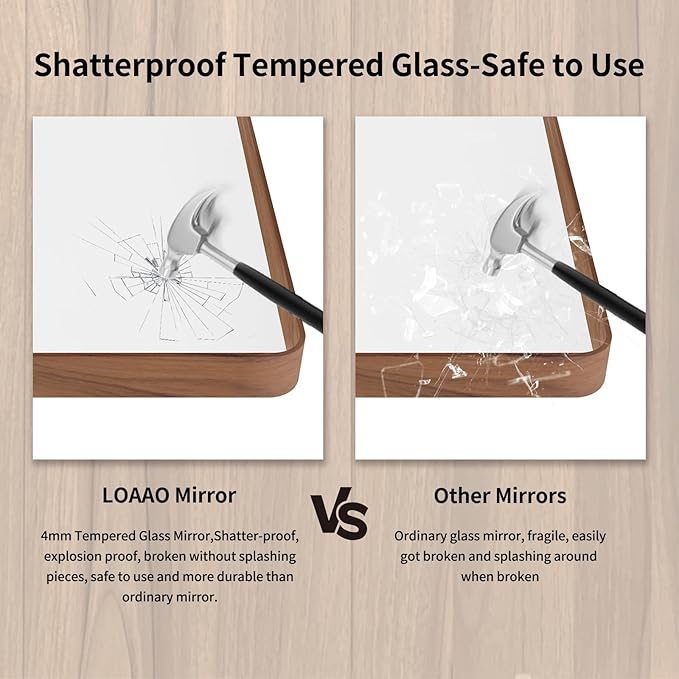 LOAAO 84X32 Inch Bathroom Mirror with Wood Grain Colored Metal Frame, Rounded Rectangle Metal Framed Bathroom Mirror, Anti-Rust, Hangs Horizontally or Vertically, Tempered Glass