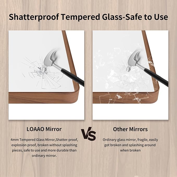 LOAAO 60X36 Inch Bathroom Mirror with Wood Grain Colored Metal Frame, Rounded Rectangle Metal Framed Bathroom Mirror, Anti-Rust, Hangs Horizontally or Vertically, Tempered Glass