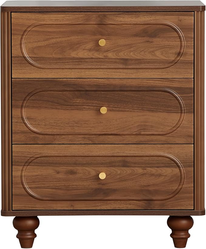 ORRD 3 Drawer Fluted Dresser for Bedroom Set of 2, Mid Century Modern Chest of Drawers, Wood Storage Small Dresser Organizer for Bedroom Living Room Hallway Closet, Walnut