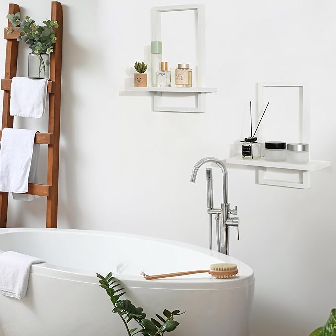 PHOENANCEE Square Wall Shelf,Framed Floating Shelves Set of 2,Decorative Plants Hanging Display Chic for Living Room Bedroom Bathroom Home Office,Soild Wood,L+S,White