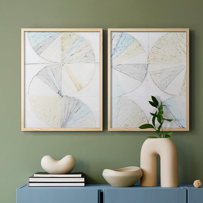 Renditions Gallery Set of 2 Peel & Stick Framed Prints, Geometric Abstract Wall Art, Pie Chart Color Wheels Wall Decor, Re-Stickable - Ready to Hang - 11"x14" - NATURAL WOOD Frame LT588