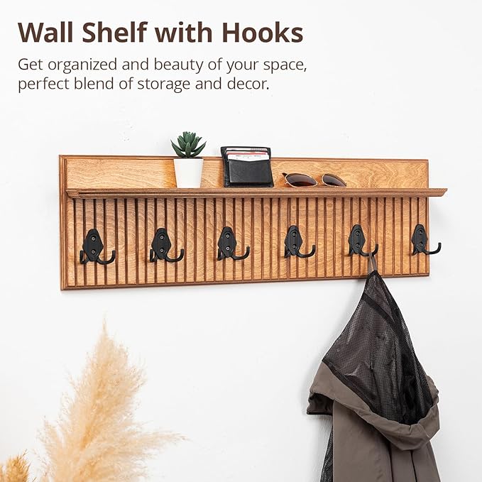 Rustic Wall Mounted Coat Rack with Shelf Wooden Entryway Organizer with 5 Metal Hooks for Coats Hats Towels Keys Floating Storage Shelf for Bathroom Bedroom (Oak, 32 inch Striped (4 Hooks))