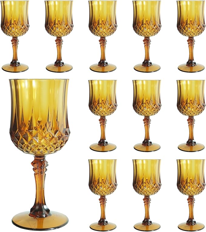 Plastic Wine Glasses, Plastic Goblets Vintage Style Cordial Drinking Glasses for Valentine’s Day, Wedding Reception, Grand Event Party Supplies (12, Amber)