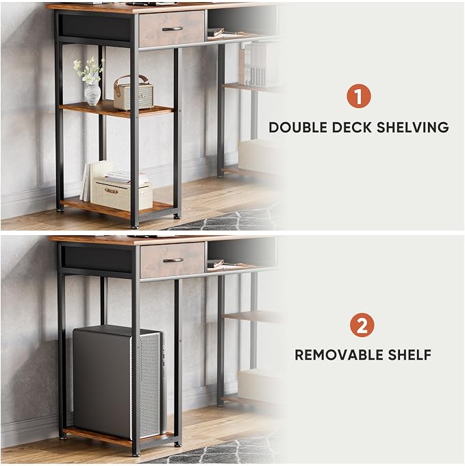 DUMOS 48" Small Computer Home Office Desk for Bedroom with Drawers, Gaming Writing Study Table with Storage Shelf, Adjustable Feet, Metal Frame Natural Brown