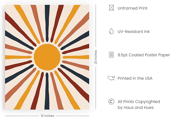 HAUS AND HUES Mid Century Modern Poster - Sun Art Print, Boho Picture for Wall, Centered Yellow Sun Rainbow Rays (Unframed 16x20)
