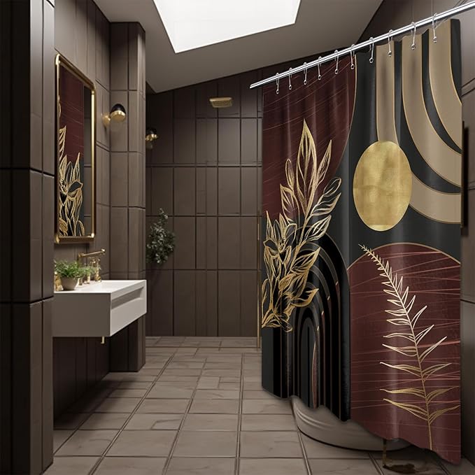 Dark Brown and Black Shower Curtain Boho Mid Century Gold and Brown Shower Curtains for Bathroom Decor, Waterproof Cloth Fabric with Hooks, 60" W x 72" L