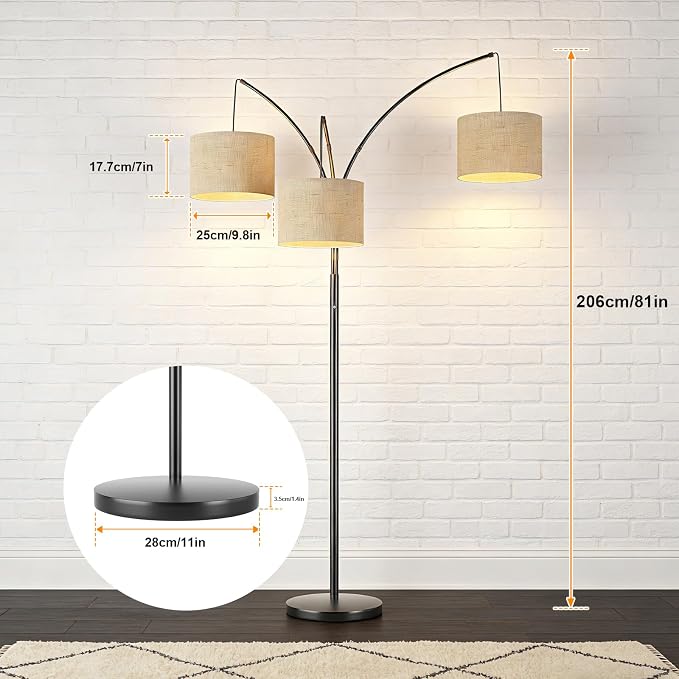80 Inch Arc Floor Lamp with Remote Control, 3-Light Dimmable Standing Lamp for Living Room, 2400LM Super Bright Tree Lamp for Bedroom, Modern Tall Floor Lamp with Adjustable Arms&Weighted Base