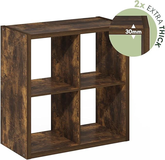 Furinno Cubicle Book Shelf, 4-Cube Bookshelf, Extra Thick Frame Reversible Bookcase with Open Back, 14.6" x 30" x 30", for Living Room, Bedroom, Home Office, Amber Pine