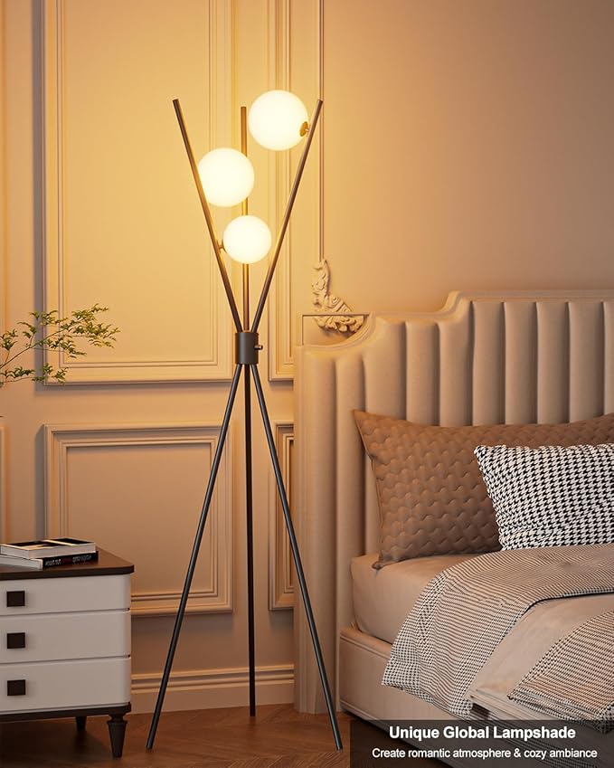 Lightdot 60IN Dimmable Black Tripod Floor Lamp, Mid Century Standing Lamps with 3 Globe Soft Warm White Eye Care 3000K Bulbs Included, Modern Tall Lamp for Living Room/Bedroom/Sofa Beside/Corner Decor
