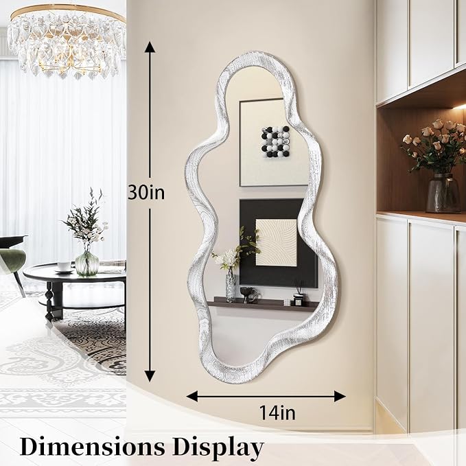 Asymmetrical Mirror Large Irregular Wall Mirror Modern Wood Frame Unique Artistic Mirrors Cute and Stylish Cloud Wavy Mirror Decorative for Cloakroom Bedroom Living Room Bathroom Entryway White