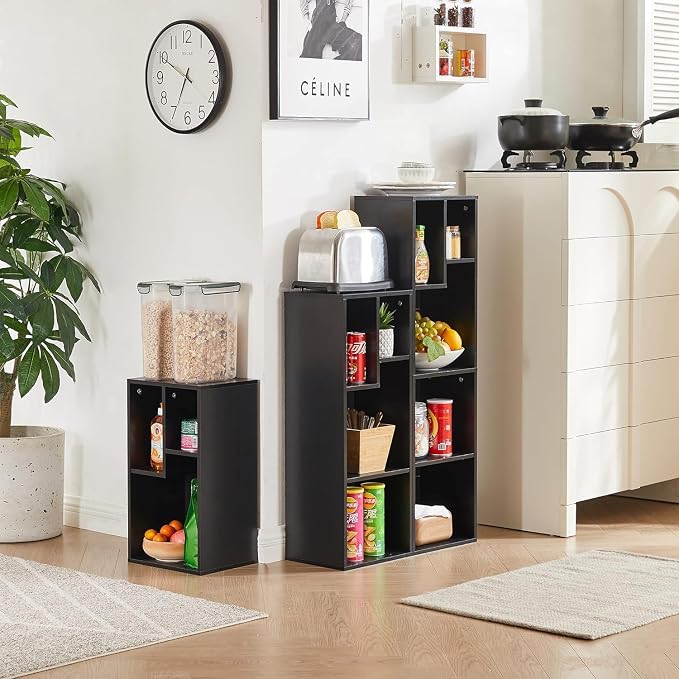 VECELO 4-Tier Slim Bookcase, Modern Storage Cabinet, Slim Bookshelf, Fits Tallest Hardcover, 5 Cubes, Vertical or Horizontal, Easy Assembly, Vintage Black