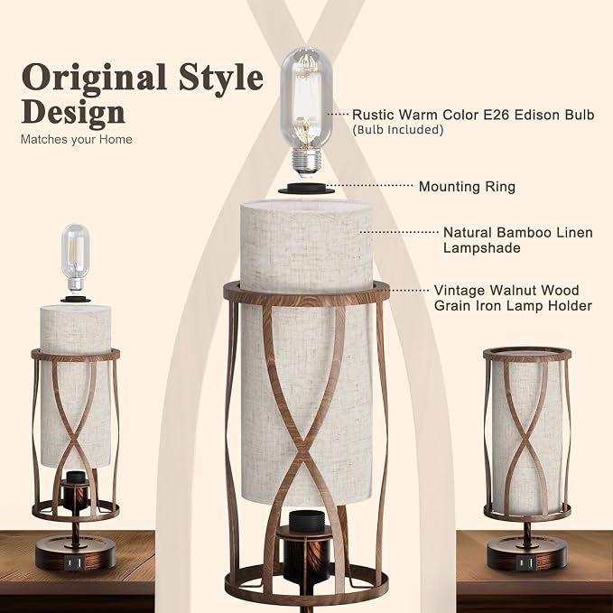 N10-2 Farmhouse Table Lamp Dimmable Touch Control Plug in Lamps Linen Rustic Desk Lamp IImitation Wood Metal Base Vintage Nightstand Table Lamp with USB Port for Bedroom Bedside (Bulb Included)