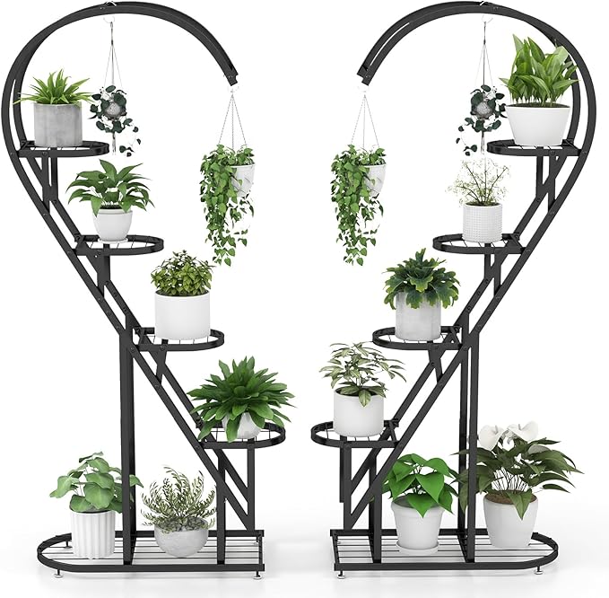 Giantex 5 Tier Metal Plant Stand Indoor, Creative Heart-shaped Ladder Plant Shelf with Hanging Hook for Multiple Plants, Tiered Flower Display Shelf, Tall Plant Stand for Valentine's Day Home Holiday