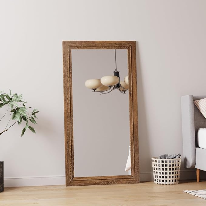 Rustic Wall-Mounted Vanity Mirror, Solid Wood Frame Bathroom Mirror, Farmhouse Style for Living Room, Bedroom, Entryway, Horizontal/Vertical Hanging