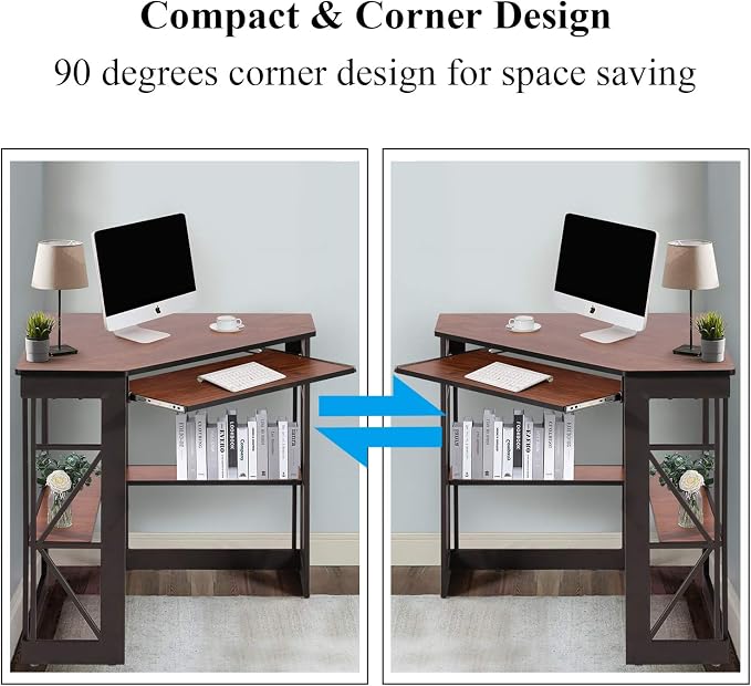 VECELO Corner Computer Desk 41 x 30 inches with Smooth Keyboard & Storage Shelves for Home Office Workstation, Teakwood Brown